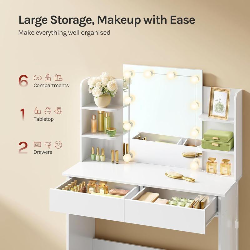 【NS】[Dressing Table with LED Lights, 3 Adjusting Lighting Modes, Makeup Vanity Mirror Dressing Table with 2 Drawers and 6 Open shelves, White Dressing Table for Bedroom,Living Room, Valentine's Day gift