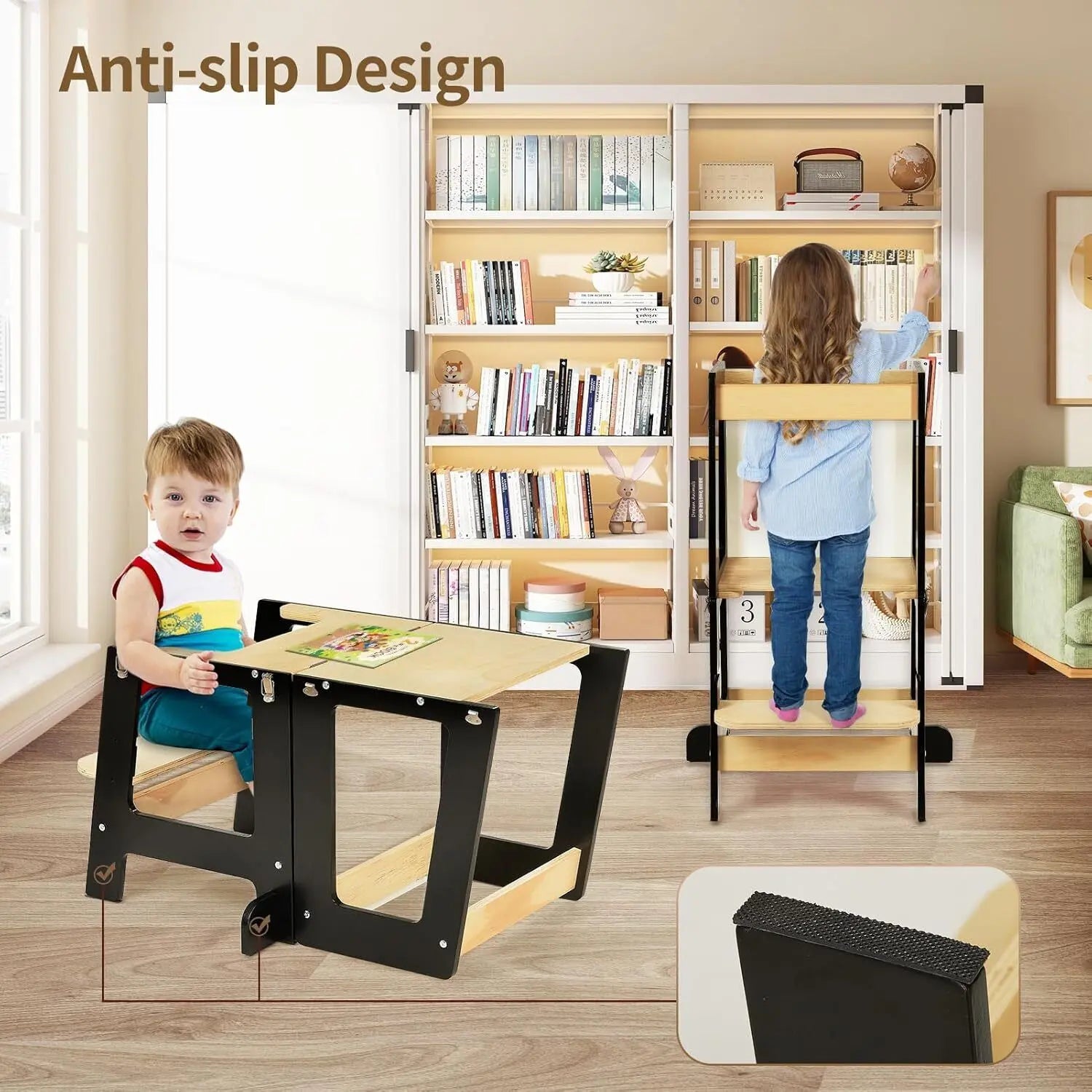 3-in-1 Toddler Learning Tower Step Stool & Mini Desk with Safety Rail and Black & Whiteboard for Kitchen Counter