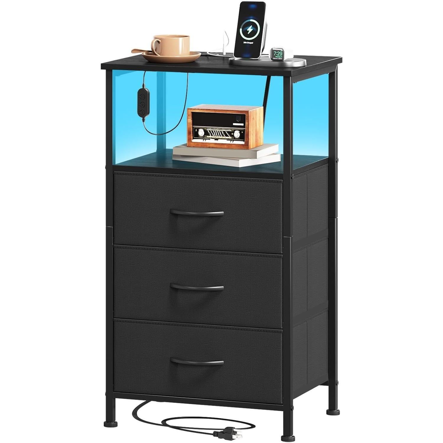 Multi-Functional USB Charging Chest with LED Light - 3 Drawer Bedside Table, Bedroom Storage Cabinet with 2 Outlets & 2 USB Ports, Charging Station for Dorm, Kids Room, Nightstand, Closet Organizer, Black [Plus A Free Gift]