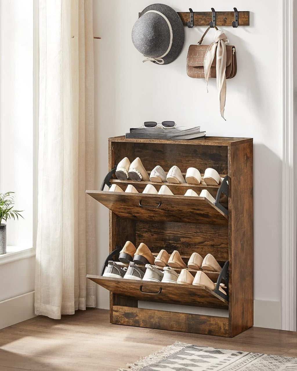 Shoe Cabinet With 2 Flip Doors, Adjustable And Removable Divider, 12 Pairs Of Women's Shoes Or 8 Men's Shoes, Narrow Entrance, 60 X 24 X 83.5 (L X W X H), Rustic Brown LBC02BX