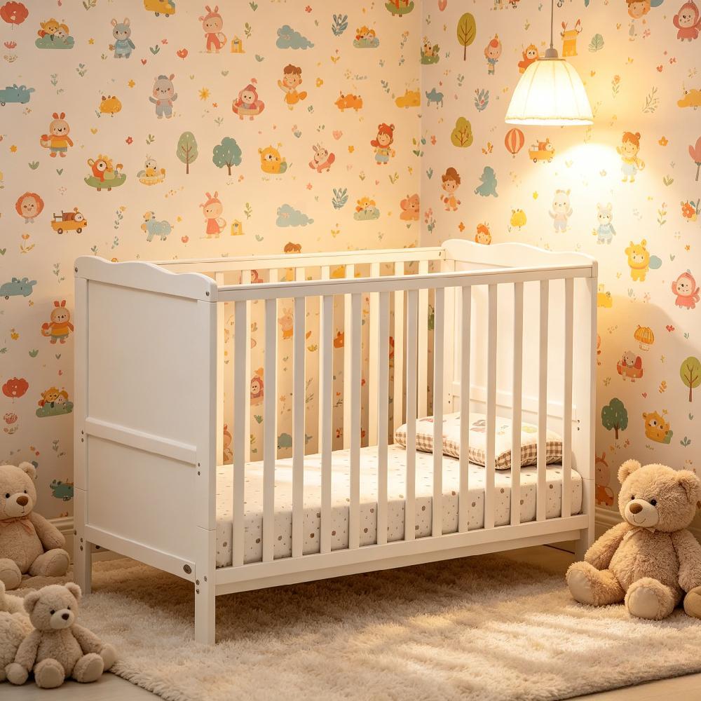 Cream White Cot Bed with Aloe Vera Waterproof Mattress, Wooden Baby Cot Convertible to Toddler Bed [Plus A Free Gift]