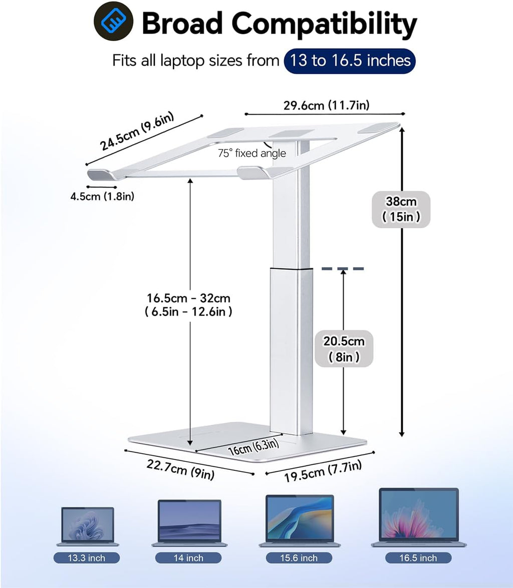 Adjustable Laptop Stand for Desk, DJ Laptop Riser, Standing Desk Converter, Support Working on Computer Sitting/Standing, Compatible with MacBook, Dell, HP and All 13"-16.5" Notebooks, Silver