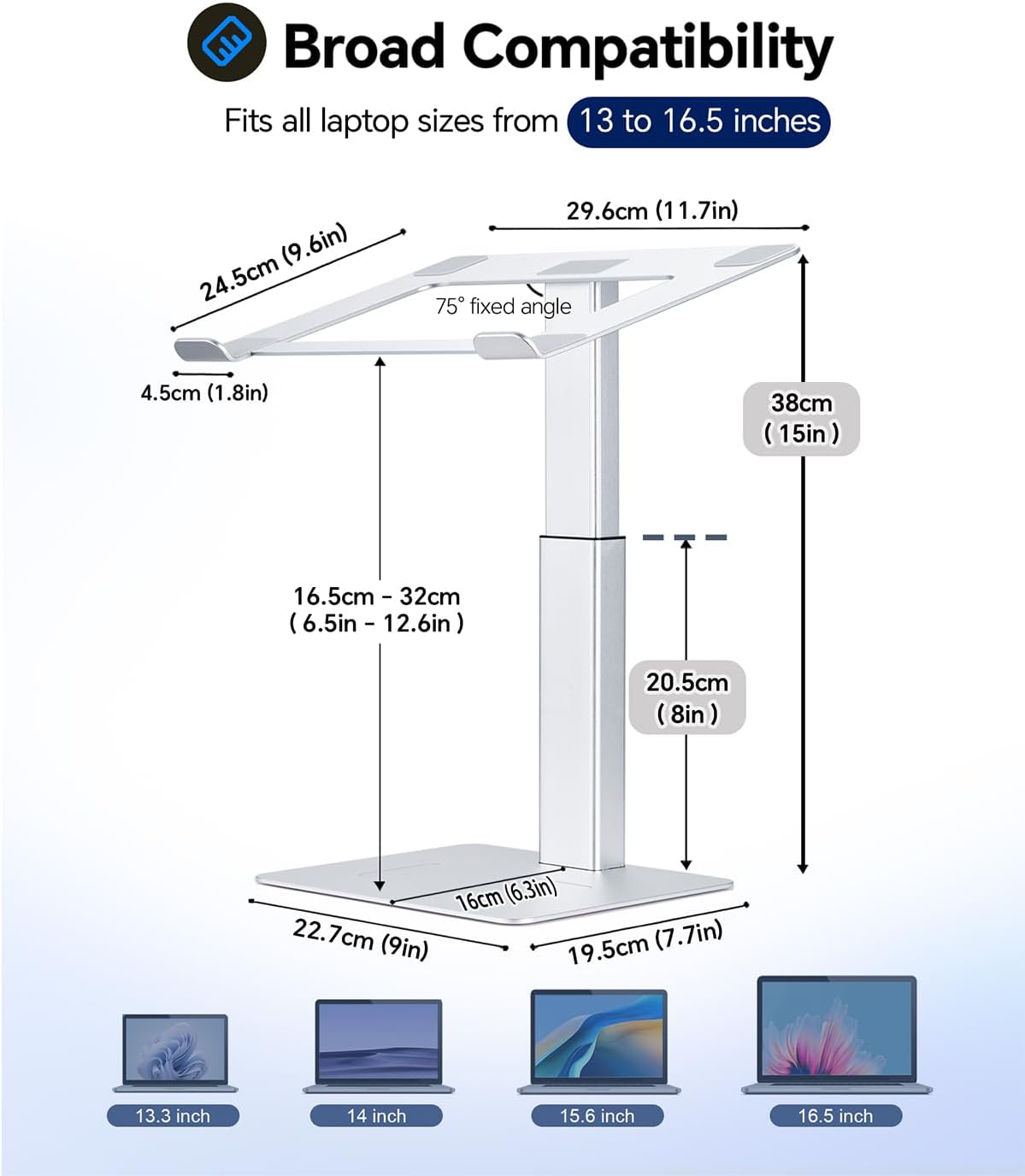 Adjustable Laptop Stand for Desk, DJ Laptop Riser, Standing Desk Converter, Support Working on Computer Sitting/Standing, Compatible with MacBook, Dell, HP and All 13"-16.5" Notebooks, Silver