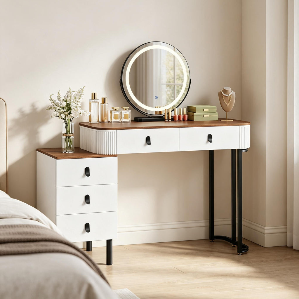 Dressing Table Vanity Desk with 3‑Colour Dimmable LED Swivel Mirror, 100×40cm Makeup Table with 5 Drawers & Removable Side Cabinet for Bedroom