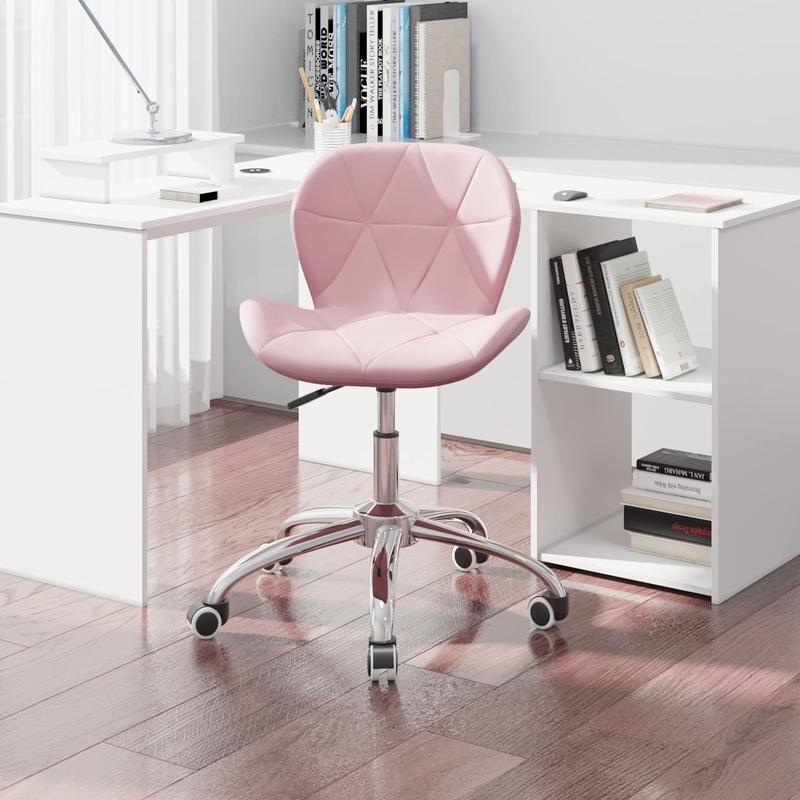 Swivel Makeup Vanity Chair & Office Stool - Adjustable Pink Dressing Chair with Wheels, Diamond Tufted Upholstery in PU/Fabric/Velvet Options, Armless Height-Adjustable Seat for Desk, Bedroom, or Dorm