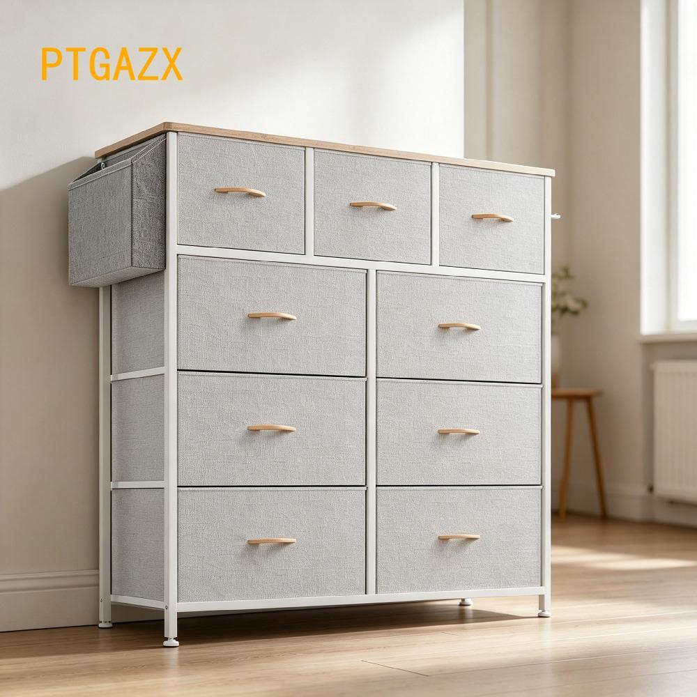 9 Drawers Metal Frame Dresser - Canvas Fabric Chest of Drawers with Label Cards, Side Pocket & Hook for Bedroom, Living Room, Hallway Storage Organizer [Plus A Free Gift]