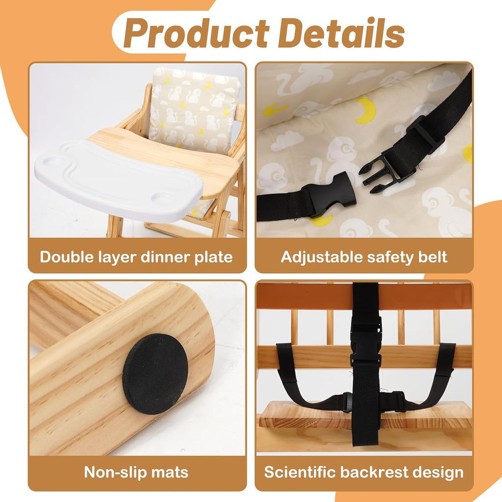 Christmas Gift! 4-in-1 Foldable Wooden High Chair for Babies & Toddlers - Adjustable Height & Footrest, Safety Harness, Detachable Easy-Clean Tray with Soft Cushion, Natural Wood Color