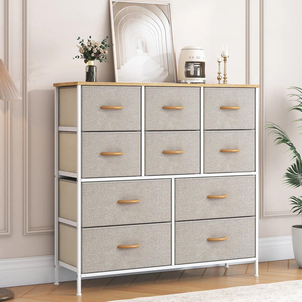 `10‑Drawer Fabric Storage Tower Dresser, Anti‑Tip Safe Chest of Drawers with MDF Wooden Top & Robust Metal Frame, Versatile Organizer Unit for Bedroom, Living Room & Home Office`