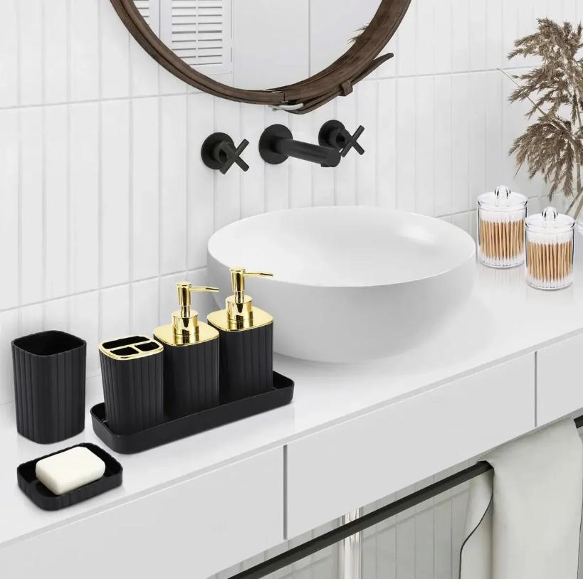 10-Piece Black Gold Bathroom Accessories Set, Complete Bathroom Organizer Kit with Trash Can, Toilet Brush, Toothbrush Holder, Soap Dispenser, Soap Dish, Rinse Cup, Cotton Swab & Cotton Ball Storage Jars for Countertop Decor