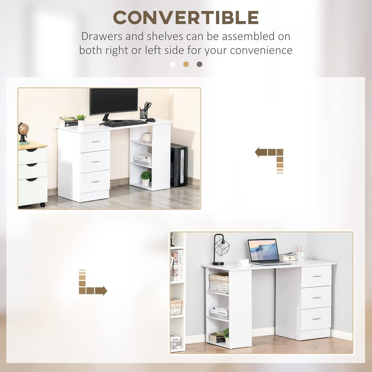 【NS】Computer Desk, Writing Table, PC Workstation with 3 Storage Shelves and Drawers, Silver Handle, for Home Office, White