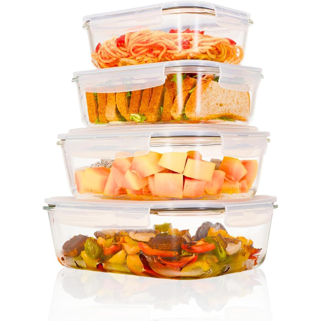 4-Pack Large Glass Food Storage Containers with Lids 2500ml 2260ml 1520ml 1050ml Microwave Oven Freezer Dishwasher Safe Meal Prep Containers