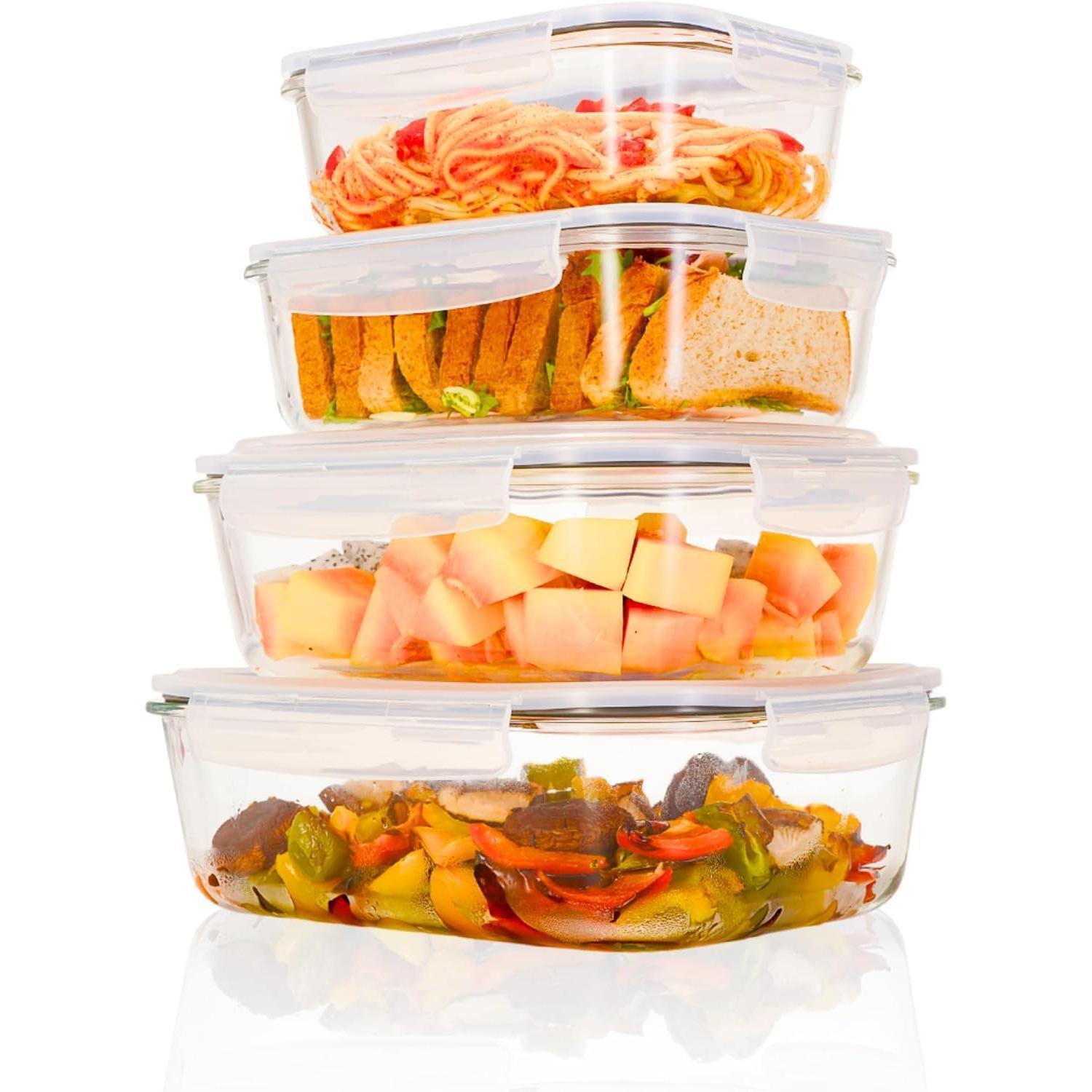 4-Pack Large Glass Food Storage Containers with Lids 2500ml 2260ml 1520ml 1050ml Microwave Oven Freezer Dishwasher Safe Meal Prep Containers