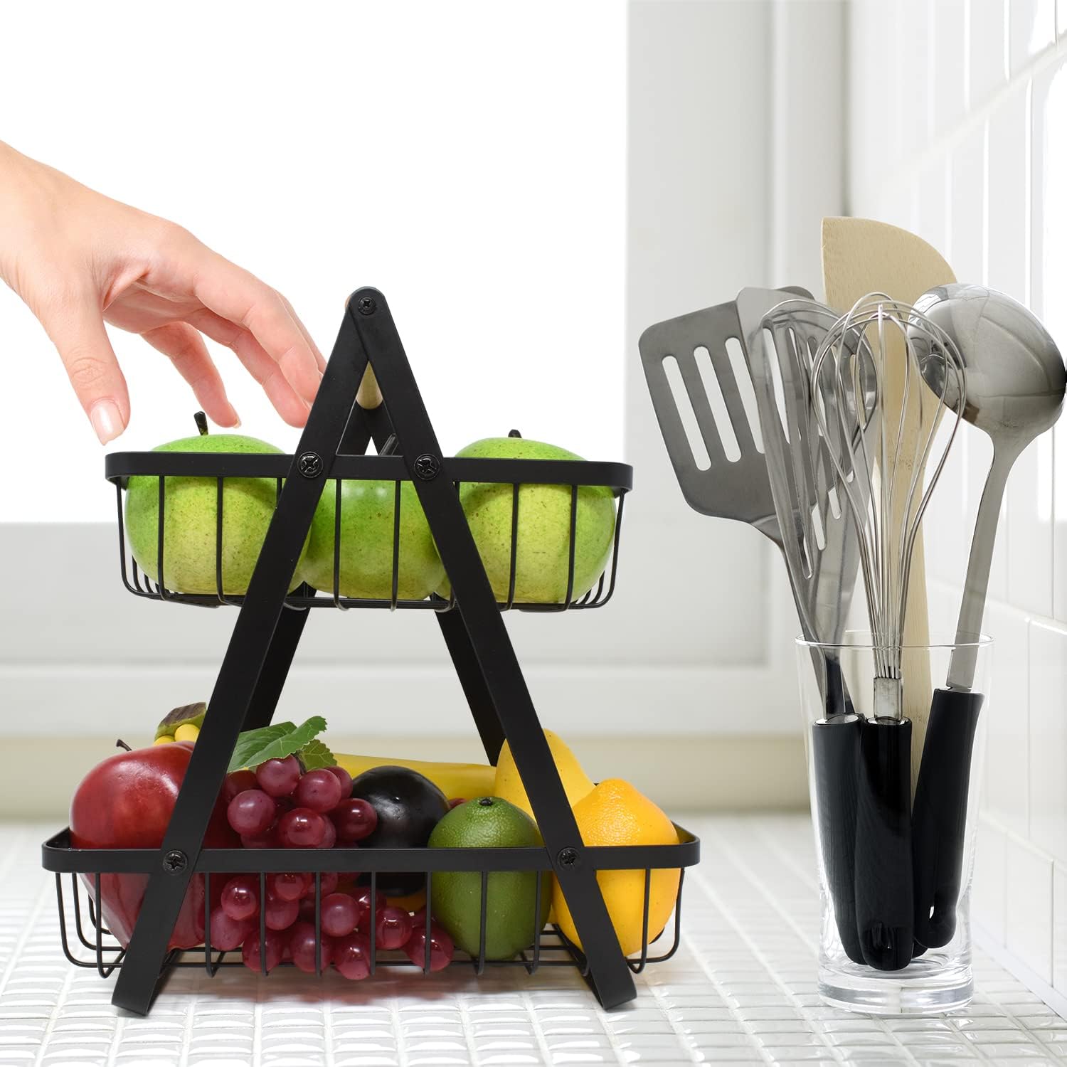 Fruit Basket 2 Tier Countertop Metal Fruit Rack and Vegetable Stand Keeps Fruit and Vegetable Fresh, Fruit Baskets for Kitchens
