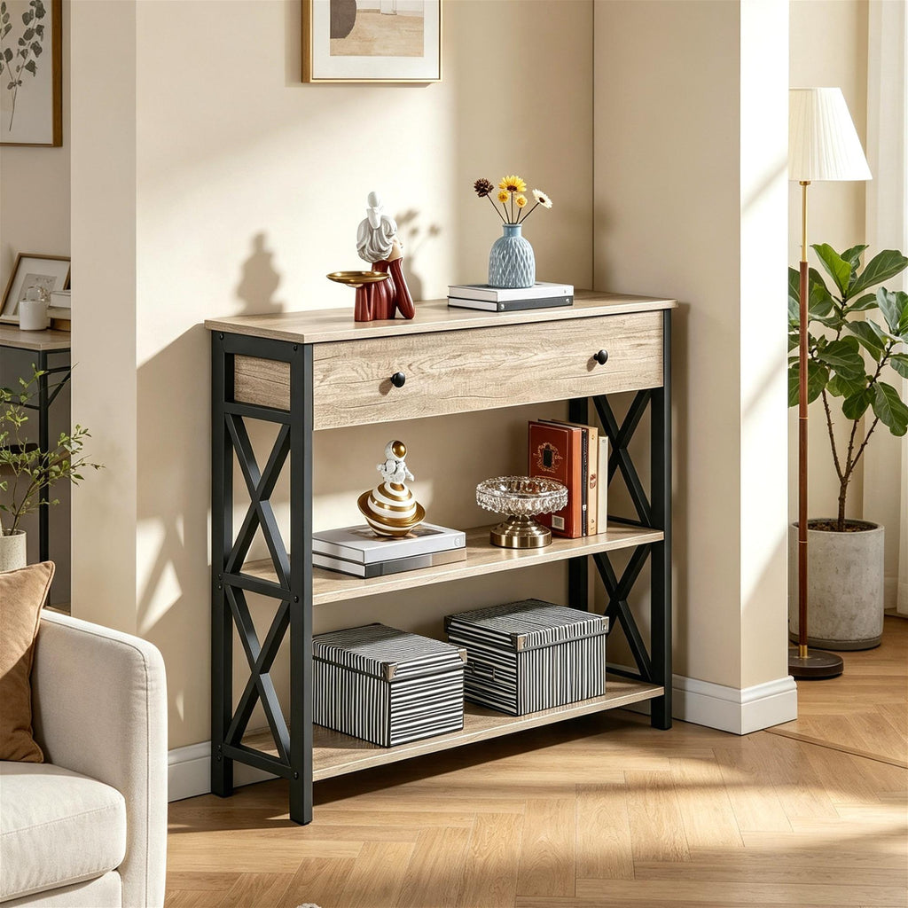 Industrial Vintage Console Table, MDF & Iron Frame Entryway Table with Drawer and 2 Open Storage Shelves, 3-Tier Narrow Sofa Side Table, Multifunctional TV Stand Accent Furniture for Living Room Hallway Bedroom Entryway