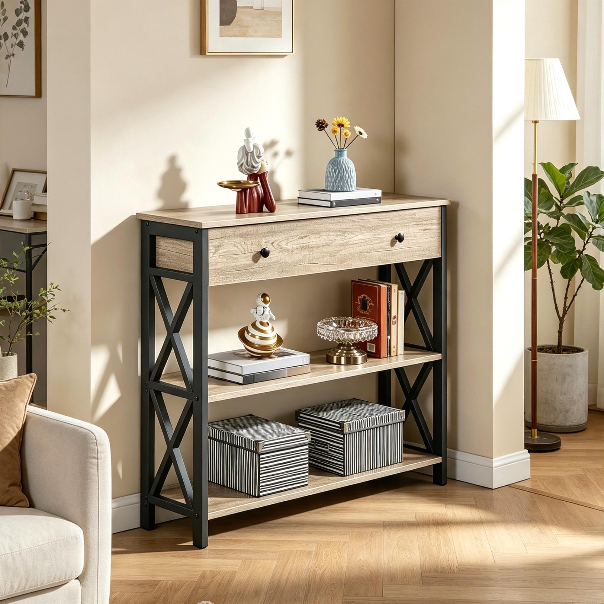 Industrial Vintage Console Table, MDF & Iron Frame Entryway Table with Drawer and 2 Open Storage Shelves, 3-Tier Narrow Sofa Side Table, Multifunctional TV Stand Accent Furniture for Living Room Hallway Bedroom Entryway