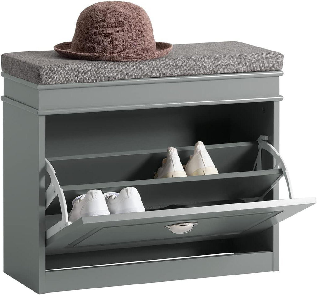 Narrow Flip Drawer Shoe Storage Bench, 2‑Tier Hidden Shoe Rack Cabinet with Removable Padded Seat Cushion, 150kg Heavy‑Duty Load Capacity, Space‑Saving Entryway Organiser for Hallway Bedroom Mudroom, Multiple Colour Options