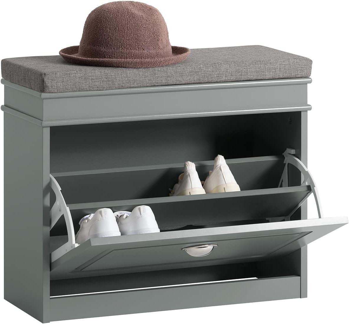 Narrow Flip Drawer Shoe Storage Bench, 2‑Tier Hidden Shoe Rack Cabinet with Removable Padded Seat Cushion, 150kg Heavy‑Duty Load Capacity, Space‑Saving Entryway Organiser for Hallway Bedroom Mudroom, Multiple Colour Options
