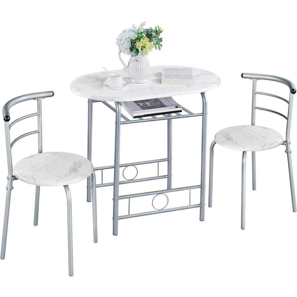 3-Piece Round Dining Table Set for 2 – Compact Breakfast Bar with Chairs, Metal Legs, Shelf & Built-in Wine Rack (Drift Brown)