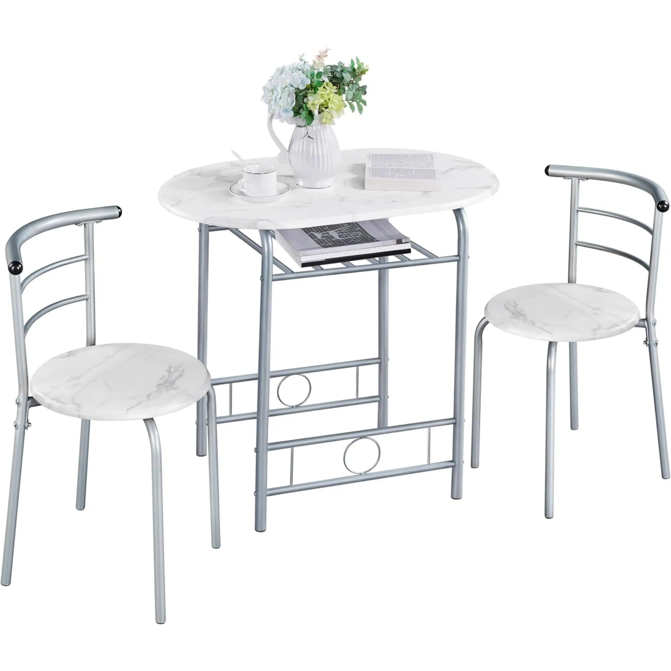 3-Piece Round Dining Table Set for 2 – Compact Breakfast Bar with Chairs, Metal Legs, Shelf & Built-in Wine Rack (Drift Brown)