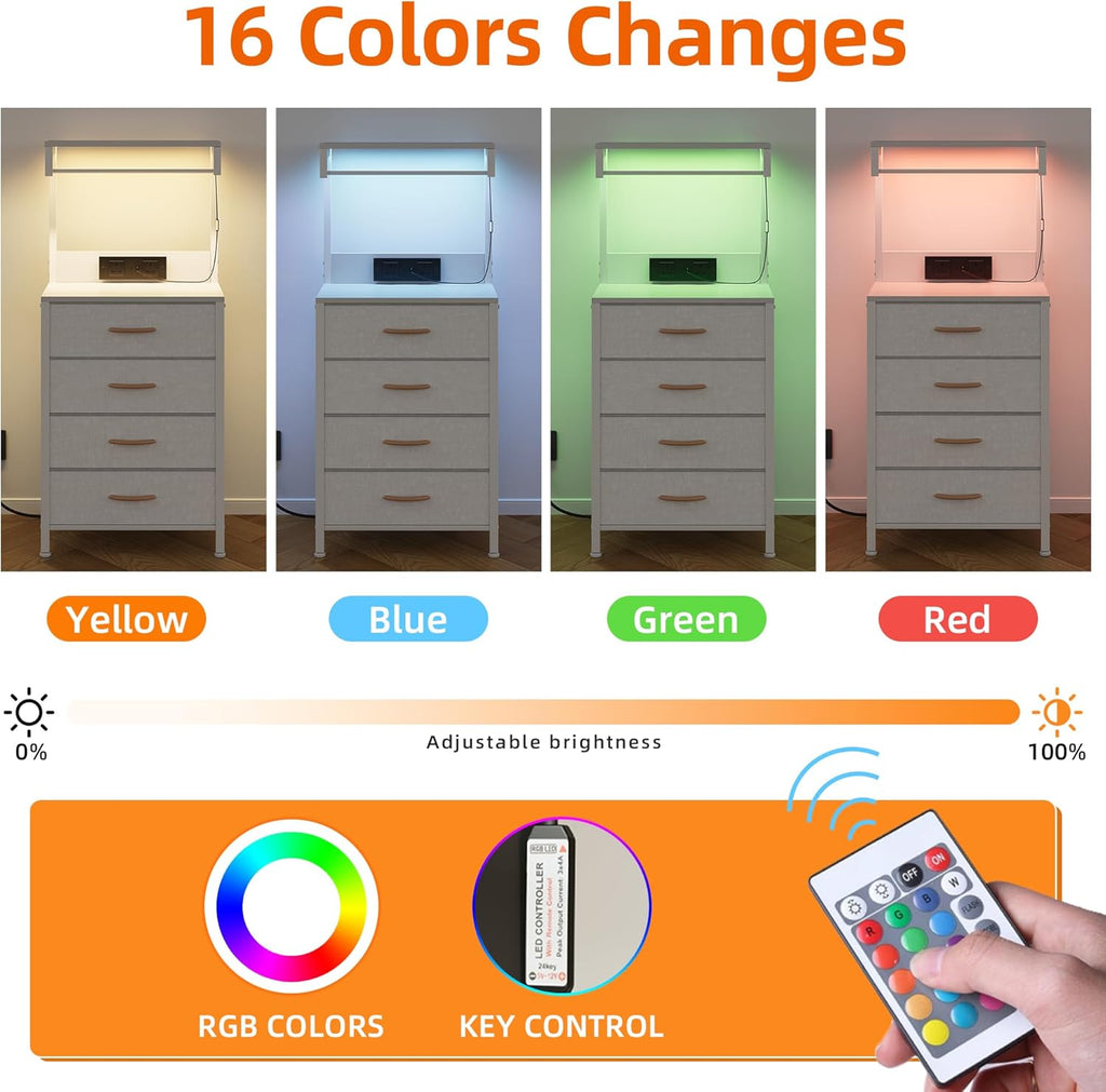 White Bedside Table with Charging Station & LED Light Nightstand 4 Fabric Drawers Wood Shelf Bedside Cabinet Bedroom Side Table Storage Organizer