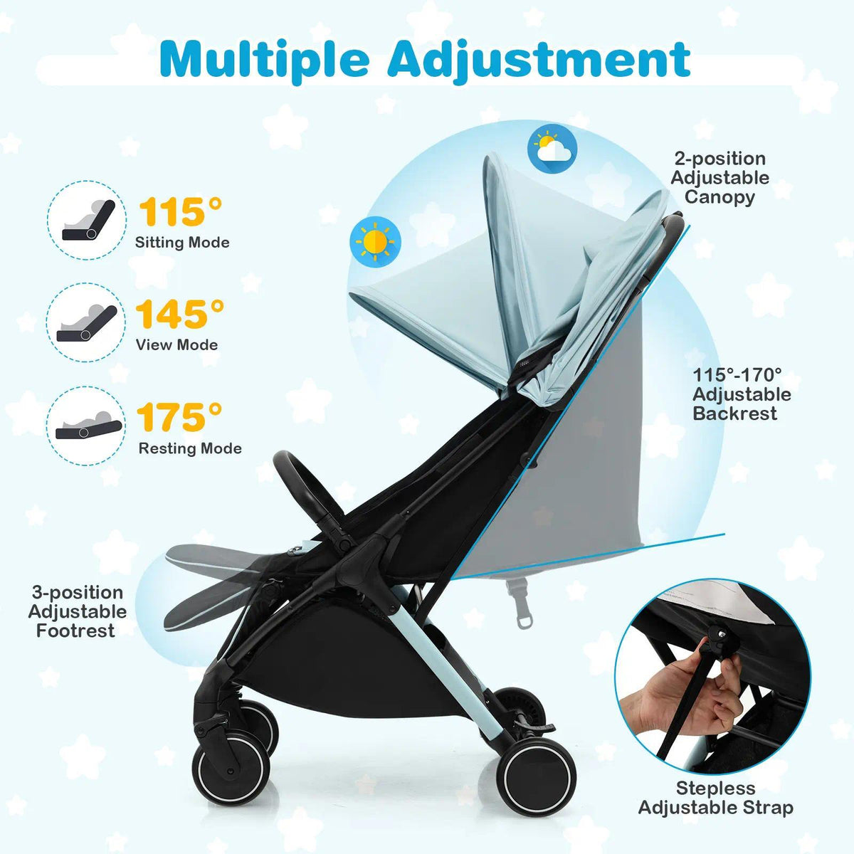Compact Travel Baby Stroller with Detachable Seat Cover, 5-Point Safety Harness, Multi-Angle Canopy, Reclining Backrest and Adjustable Footrest, Lightweight One-Hand Fold Pushchair for Newborn to 3 Years [Plus A Free Gift]