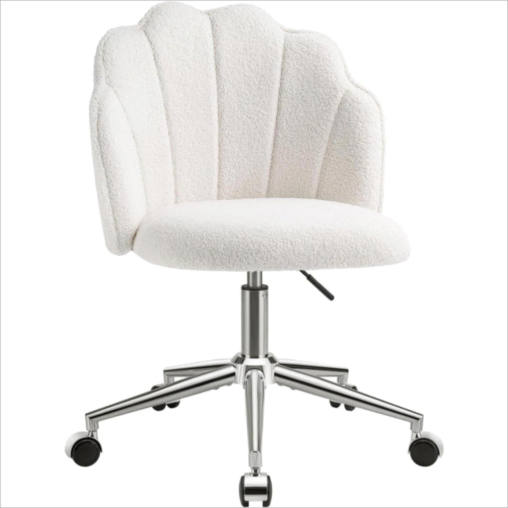 Shell‑Shaped Teddy Fabric Vanity Chair, White & Pink 360° Swivel Height Adjustable Makeup Desk Chair with Silent Wheels, Padded Rolling Armchair for Bedroom Dressing Room Home Office