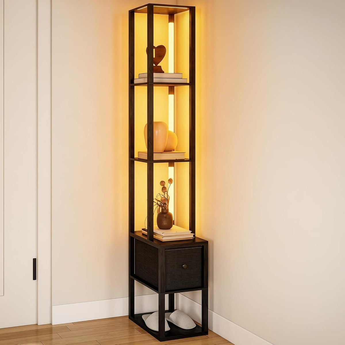 Modern Column Floor Lamp, LED Standing Lamp with Multi‑Tier Storage Shelves & Fabric Drawer, 3‑Level Adjustable Brightness with Foot Switch, Tall Display Lamp for Living Room, Bedroom, Study & Home Office