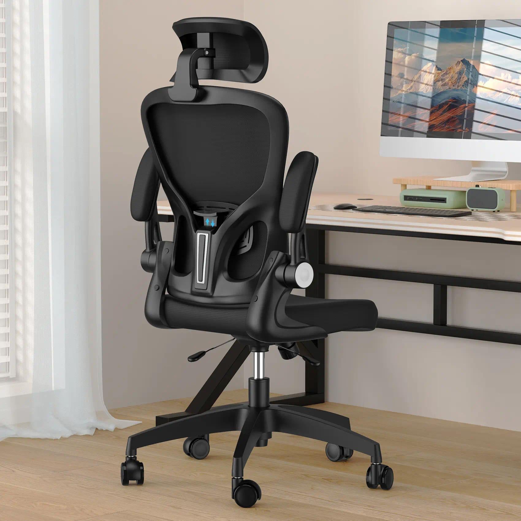 High‑Back Ergonomic Breathable Mesh Office Desk Chair, Adjustable Headrest & Lumbar Support, Flip‑Up Armrests with Rocking Tilt Function, 360° Swivel Rolling Computer Chair for Home Office Study & Gaming