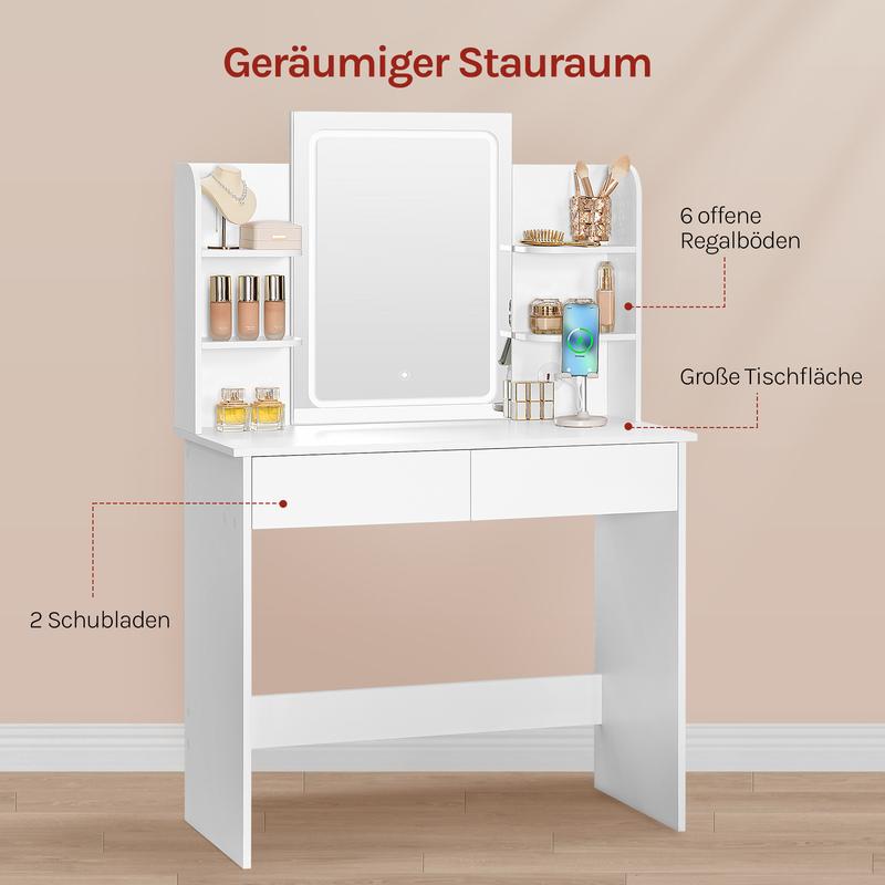 【NS】[Dressing Table with LED Lights, 3 Adjusting Lighting Modes, Makeup Vanity Mirror Dressing Table with 2 Drawers and 6 Open shelves, White Dressing Table for Bedroom,Living Room, Valentine's Day gift