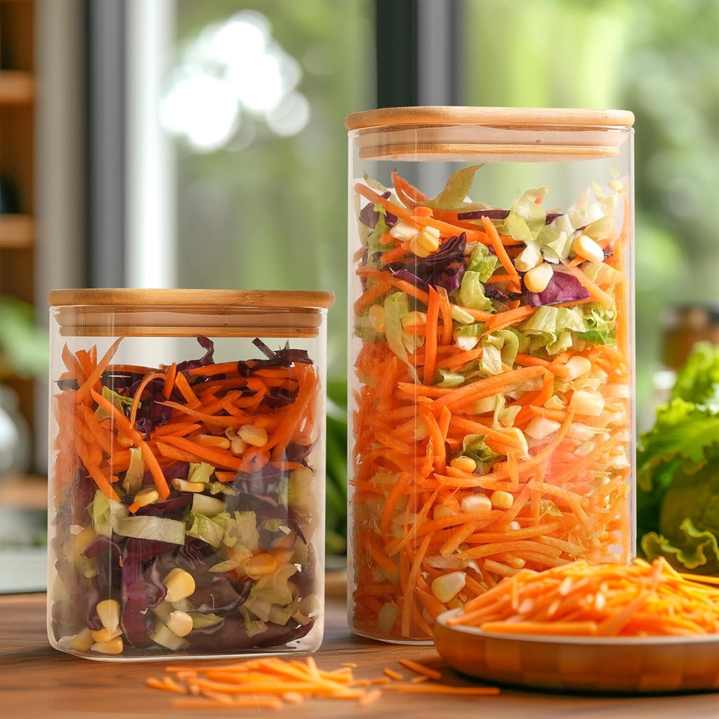 Rectangle Glass Storage Containers with Lids, Glass Jars with Bamboo Lids, Clear Food Storage Jar, Sugar Coffee Containers, Pantry Storage Container for Pasta Flour Oats Nuts