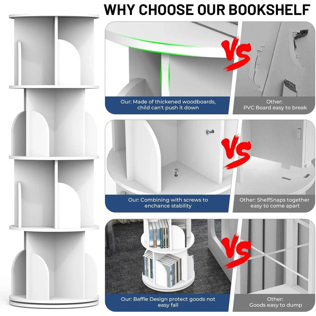 4-Tier 360° Rotating Bookshelf Tower, White Spinning Freestanding Bookcase with Divided Open Storage Compartments, Vertical Rotating Display Shelf Organizer for Bedroom Living Room Study Home Office