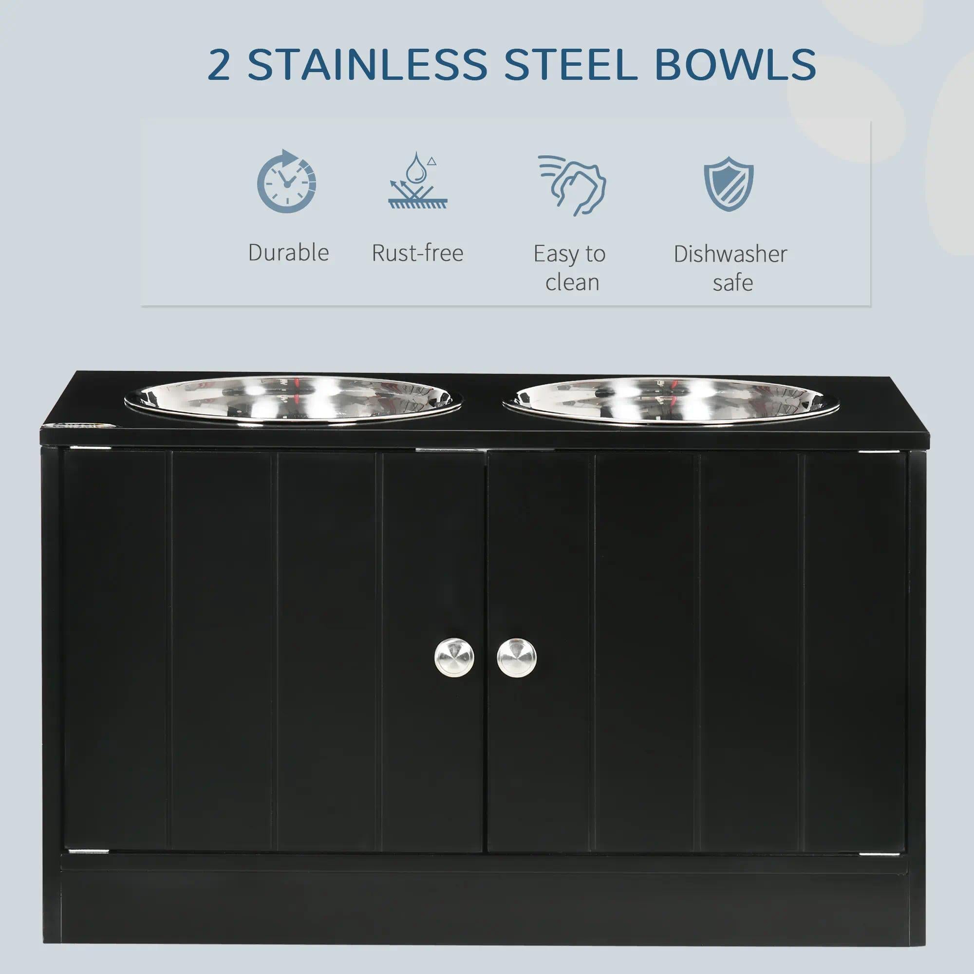 Elevated Raised Dog Bowls with Storage, Wooden Anti-Slip Large Dog Feeding Station, 2 Stainless Steel Food Water Bowls Indoor Pet Feeder Stand