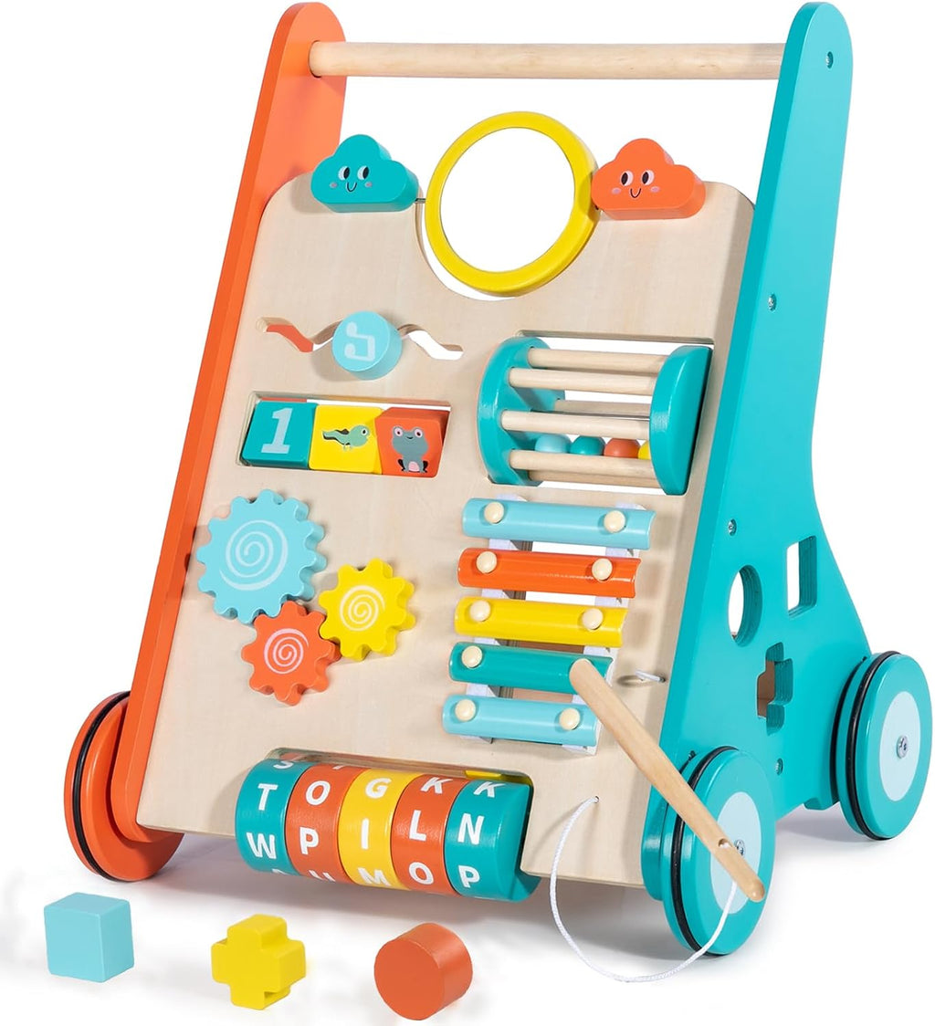 10-in-1 Wooden Toddler Push Walker, Multifunctional Educational Activity Learning Center with Silent Floor-Safe Rubber Wheels, Push-Along Walking Toy for Boys & Girls 12 Months+, Great Baby Gift