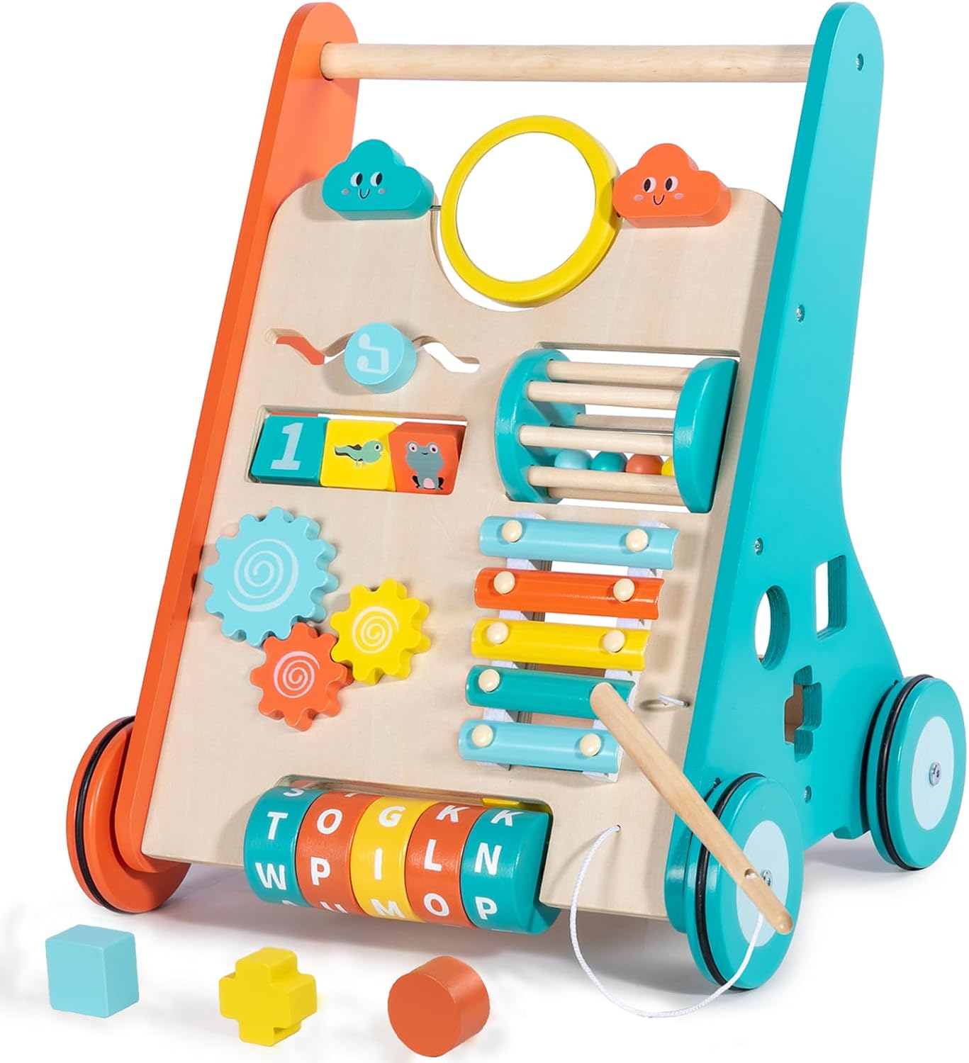 10-in-1 Wooden Toddler Push Walker, Multifunctional Educational Activity Learning Center with Silent Floor-Safe Rubber Wheels, Push-Along Walking Toy for Boys & Girls 12 Months+, Great Baby Gift