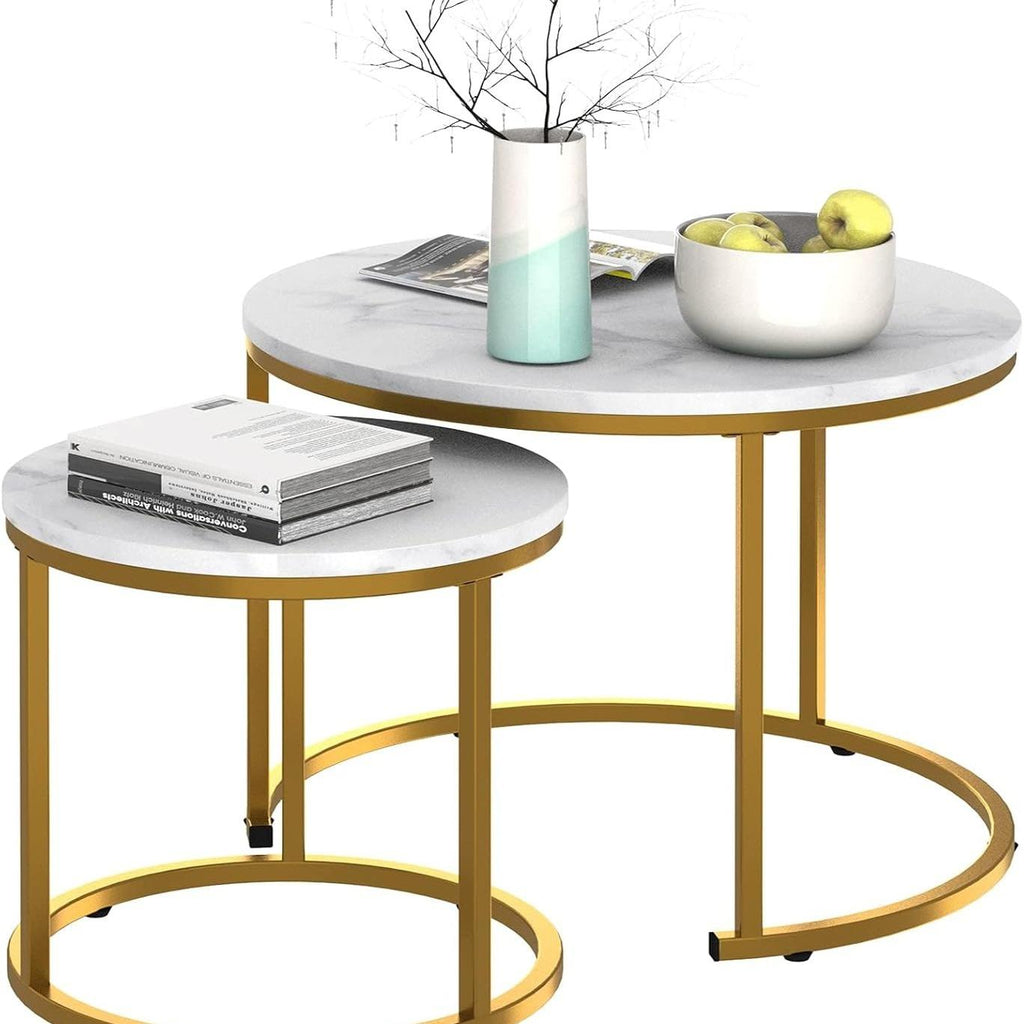 Marble Nesting Coffee Table Set for Living Room, Round Metal Frame Center & End Tables for Small Space, Bedroom, White & Black, 60x50cm