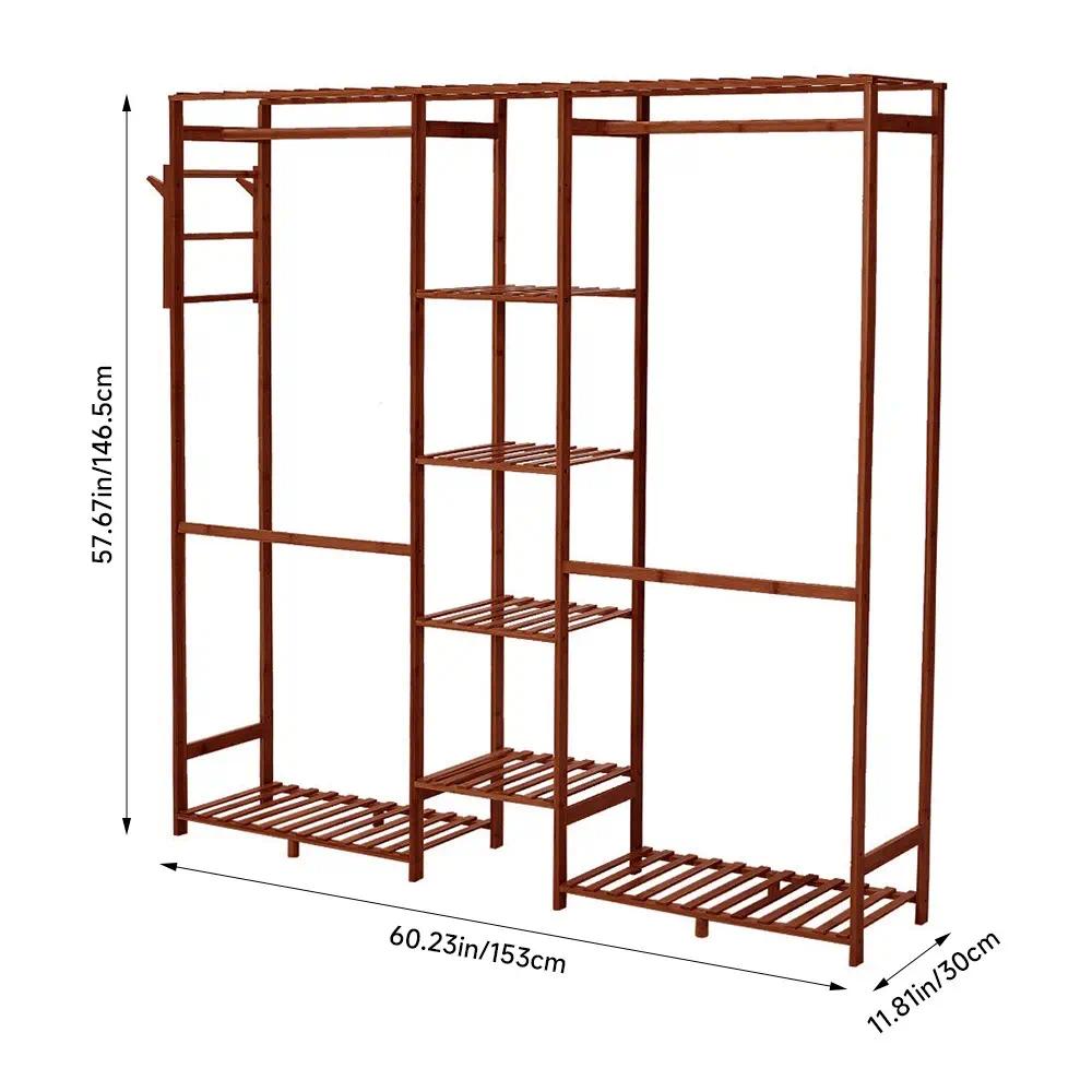 Freestanding Wood Open Garment Rack, Multi‑Storage Clothes Rack with 2 Hanging Rods, Trouser Holder & Multi‑Tier Shelves, Clothing Organizer for Bedroom Entryway Dressing Room