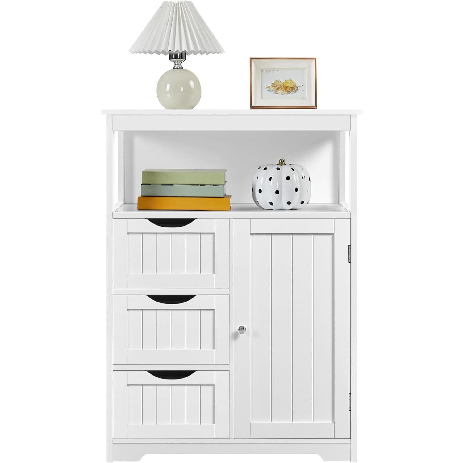 Modern White Freestanding Wooden Storage Cabinet, Accent Floor Organizer with Open Shelf, 3 Drawers & Adjustable Shelving, Multi‑Purpose Sideboard for Bathroom Living Room Kitchen Entryway