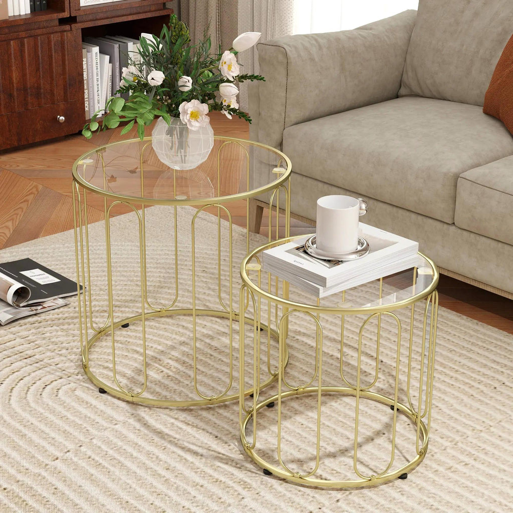 2‑Piece Nesting Coffee Table Set, Round Tempered Glass Side Tables, Gold Tone Sturdy Metal Frame Stacking Tea Table, Modern Decor Nest of Tables for Living Room Bedroom Office Small SpacesW