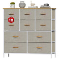 10-Drawer Fabric Storage Tower with Metal Frame & MDF Top, Non-Woven Organiser for Bedroom, Living Room, Hallway – Beige/White/Wood Tone (100x30x97cm)