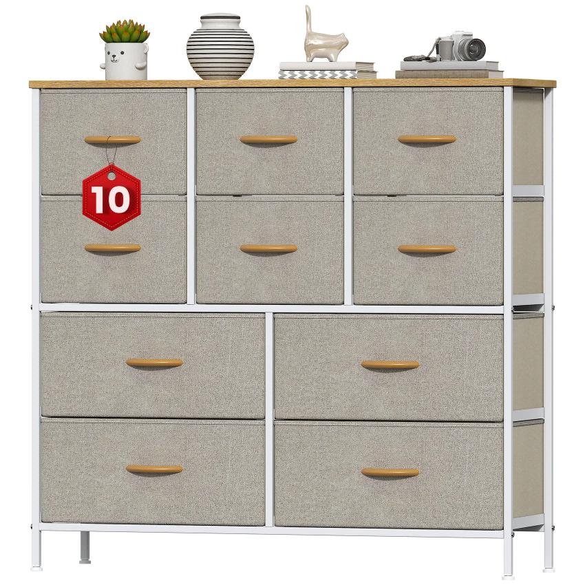 10-Drawer Fabric Storage Tower with Metal Frame & MDF Top, Non-Woven Organiser for Bedroom, Living Room, Hallway – Beige/White/Wood Tone (100x30x97cm)