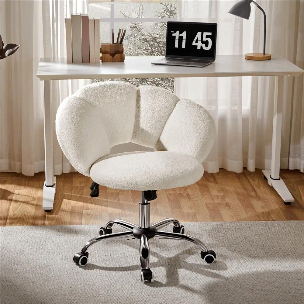 Cloud Shaped Teddy Boucle Vanity Chair, Armless Swivel Makeup Desk Chair with Adjustable Height & Rolling Wheels, Upholstered Accent Chair for Bedroom Dorm, Home Office & Living Room
