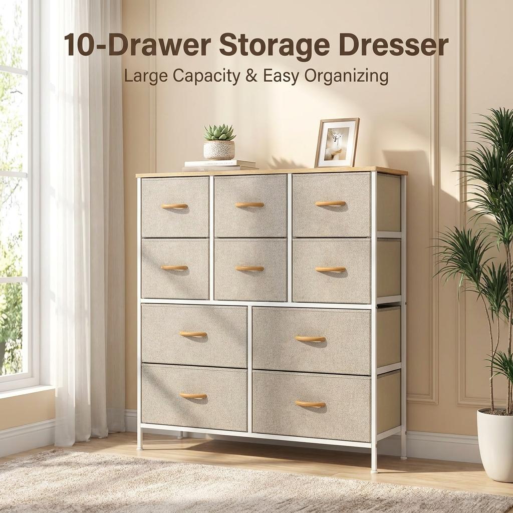 10-Drawer Fabric Storage Tower with Metal Frame & MDF Top, Non-Woven Organiser for Bedroom, Living Room, Hallway – Beige/White/Wood Tone (100x30x97cm)