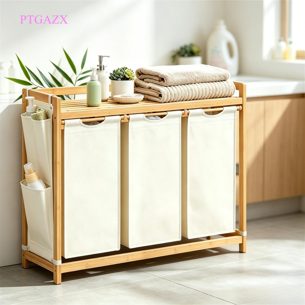 `Cream‑White Compartment Bamboo Laundry Sorter Hamper, Laundry Storage Organizer with Top Shelf, Removable Laundry Bags & Side Storage Pockets for Bathroom & Laundry Room`
