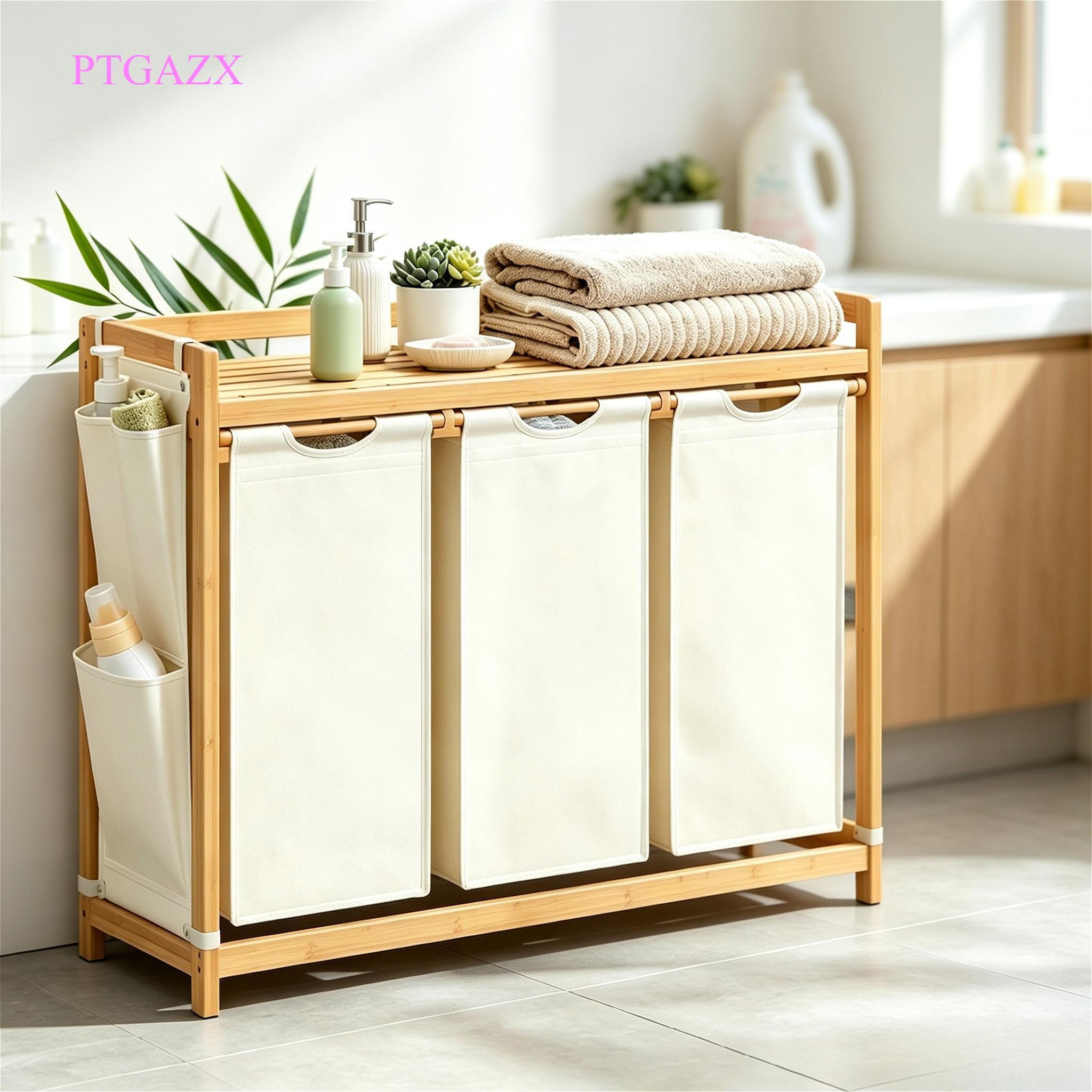 `Cream‑White Compartment Bamboo Laundry Sorter Hamper, Laundry Storage Organizer with Top Shelf, Removable Laundry Bags & Side Storage Pockets for Bathroom & Laundry Room`