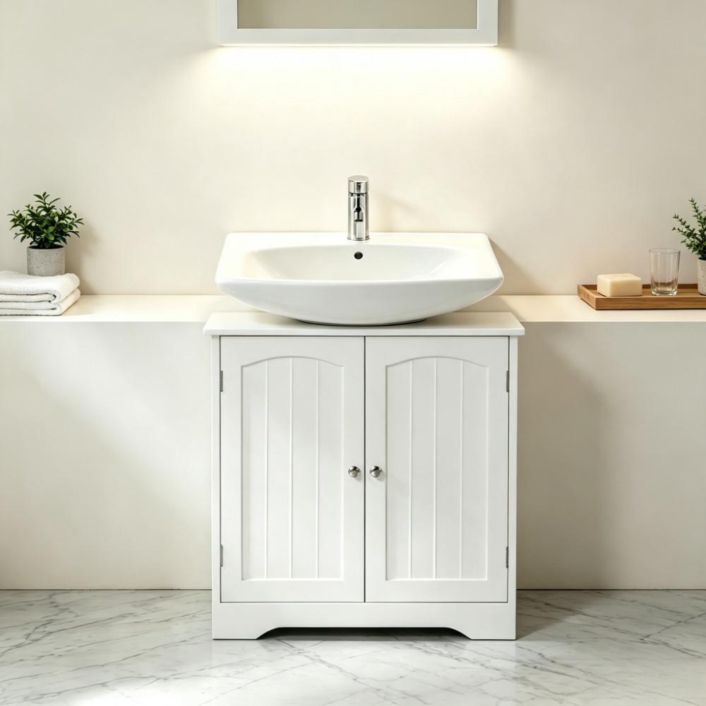 Compact Under Sink Bathroom Cabinet 60x30x60 cm – 2 Door Floor Standing Storage Unit, Pedestal Basin Base with Adjustable Shelf, Small Space Solution for UK Bathroom [Plus A Free Gift]
