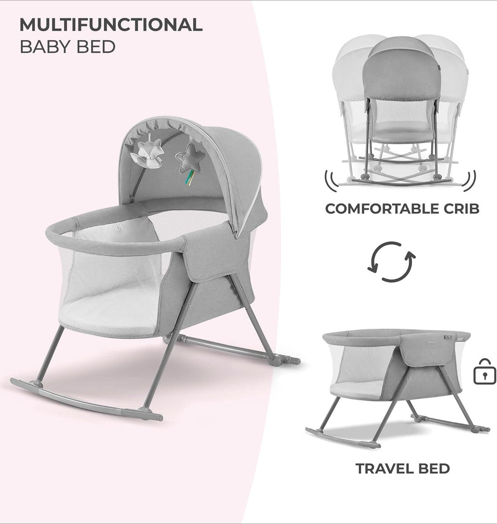 3-in-1 Foldable Baby Crib with Adjustable Canopy, Mattress Cover, Toys & Carry Bag - for Newborns 0-9kg, Gray - Compact & Portable Design