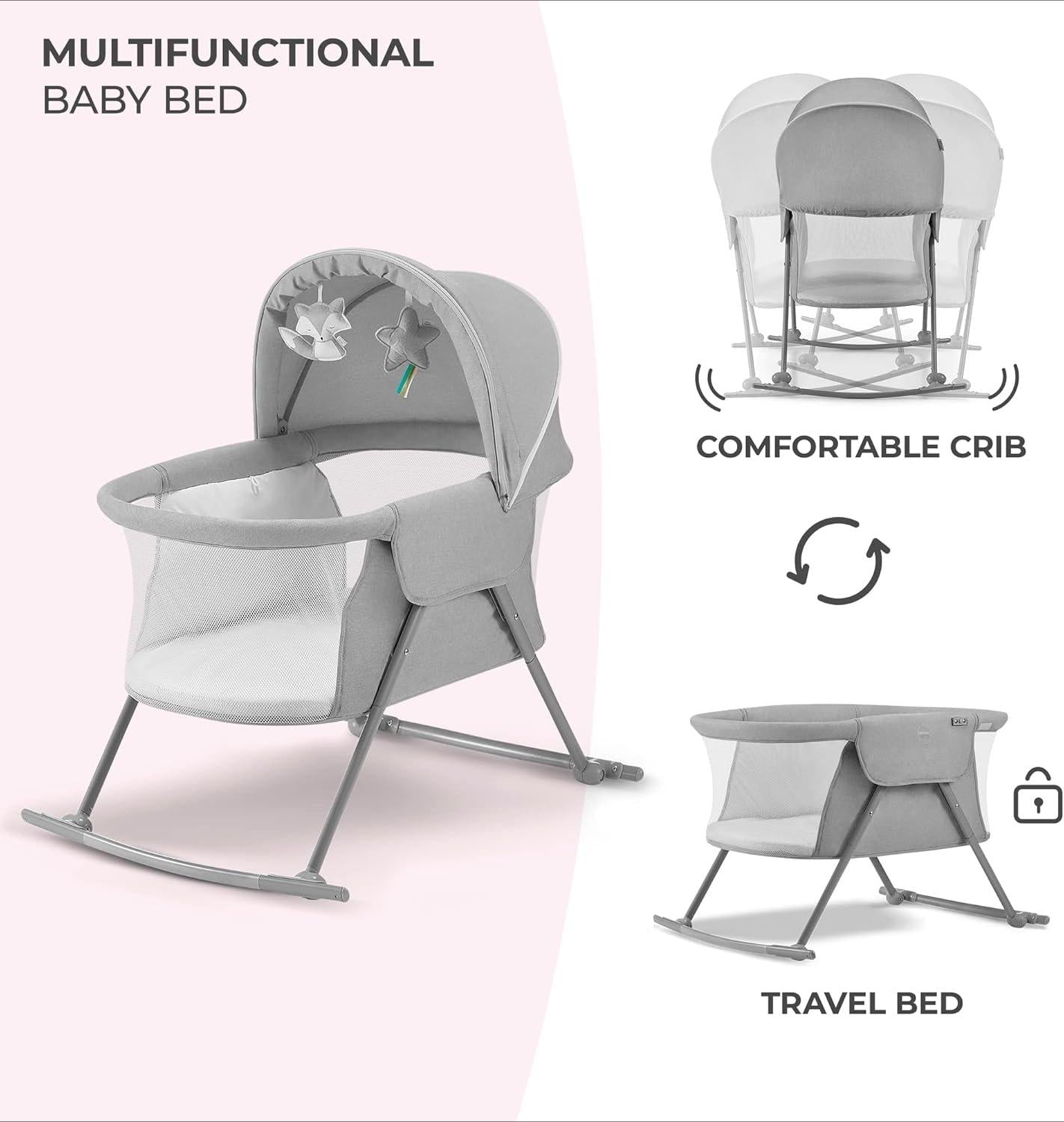 3-in-1 Foldable Baby Crib with Adjustable Canopy, Mattress Cover, Toys & Carry Bag - for Newborns 0-9kg, Gray - Compact & Portable Design