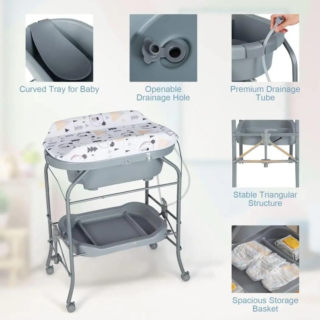 `4‑in‑1 Folding Baby Changing Table, Portable Infant Nursery Station with Built‑in Bath Tub, 4 Universal Rolling Wheels, PVC Changing Pad & Storage Tray, Newborn Massage Diaper Organizer Table`