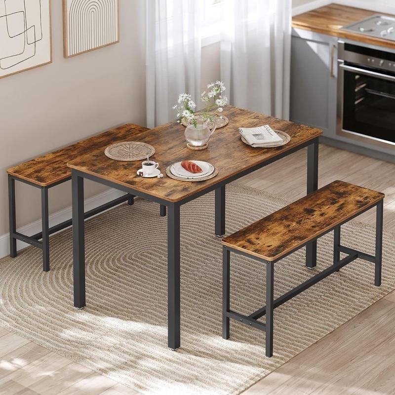 Industrial Dining Table Set with 2 Benches, Steel Frame Kitchen Table 110 x 70 cm, Benches 97 x 30 cm