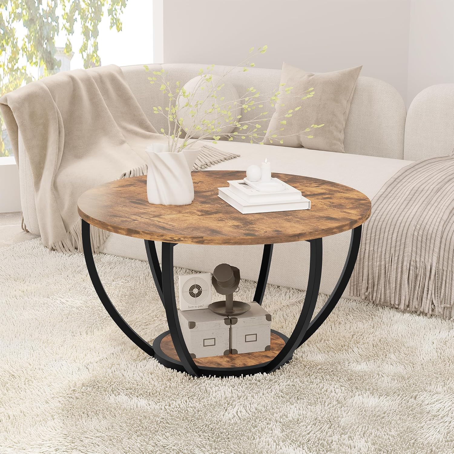28" Round Coffee Table with Storage for Living Room, 2-Tier Wood Accent Center Table, Sofa Table for Home Office, Brown